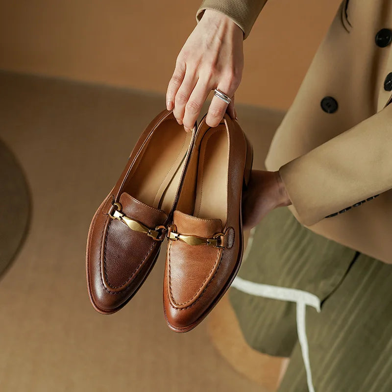 Camilla Women's Heeled Leather Loafers – Gold Horsebit Detail