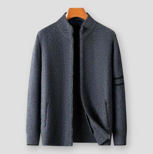 Adrian Full-Zip Men’s Cardigan – Pure Wool with Stand Collar & Stripe Detail