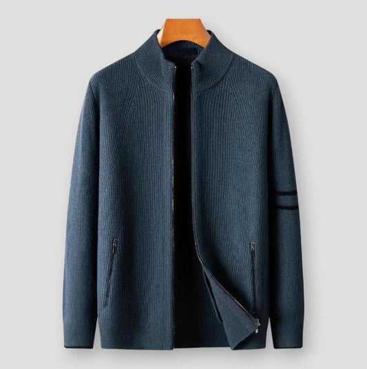 Adrian Full-Zip Men’s Cardigan – Pure Wool with Stand Collar & Stripe Detail
