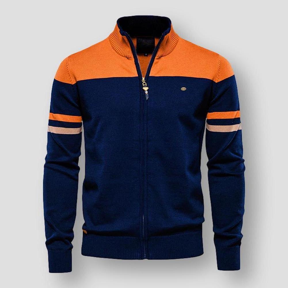 Hendrix Men’s Cotton Zip-Up Cardigan – Soft Knit with Stand Collar & Arm Stripe