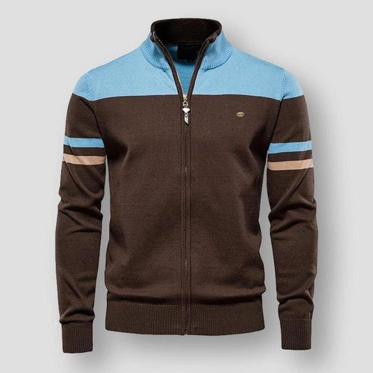 Hendrix Men’s Cotton Zip-Up Cardigan – Soft Knit with Stand Collar & Arm Stripe