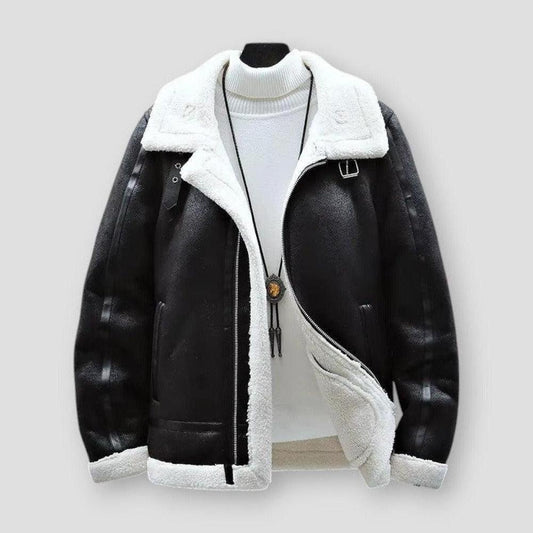 Harrison Men’s Leather Bomber Jacket – Winter Fleece Lined with Faux Fur Collar
