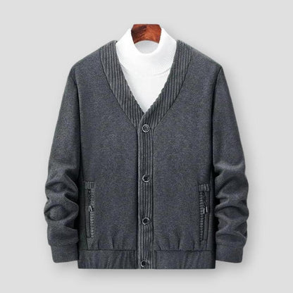 Aris Men’s Cardigan – Cotton Blend Knit with Zippered Pocket & Button Front
