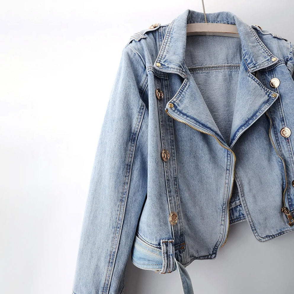 Alessia Women’s Cropped Denim Jacket – Button & Belt Detail, Cotton Blend