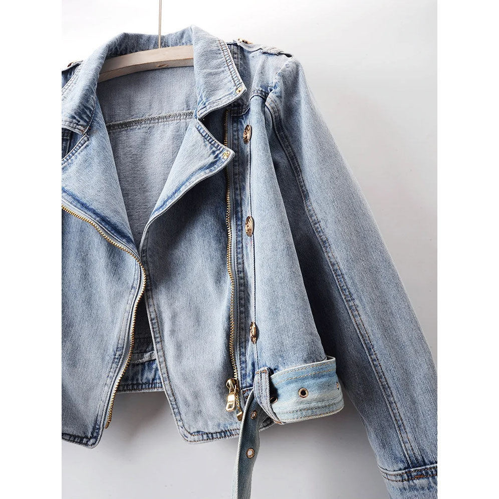 Alessia Women’s Cropped Denim Jacket – Button & Belt Detail, Cotton Blend