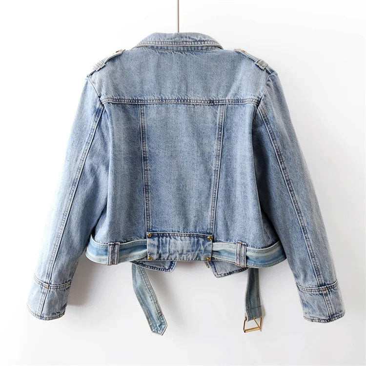 Alessia Women’s Cropped Denim Jacket – Button & Belt Detail, Cotton Blend