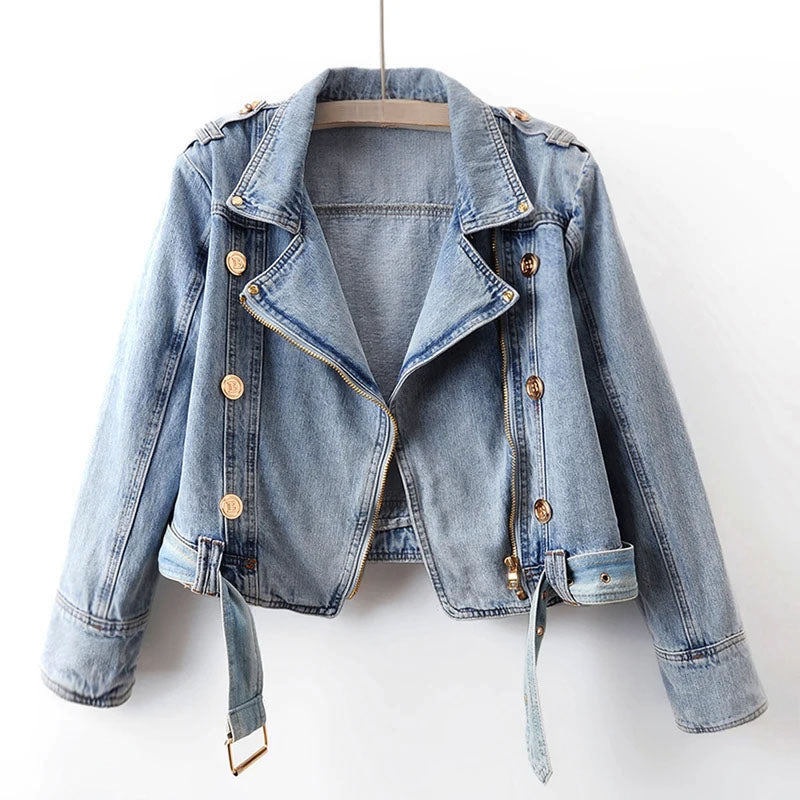 Alessia Women’s Cropped Denim Jacket – Button & Belt Detail, Cotton Blend