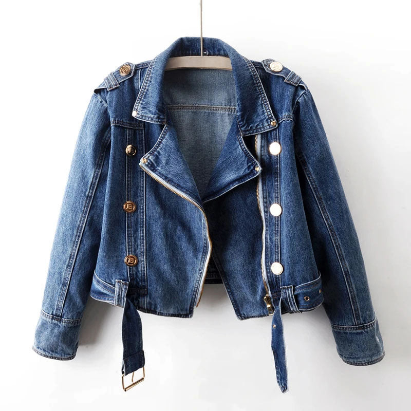 Alessia Women’s Cropped Denim Jacket – Button & Belt Detail, Cotton Blend