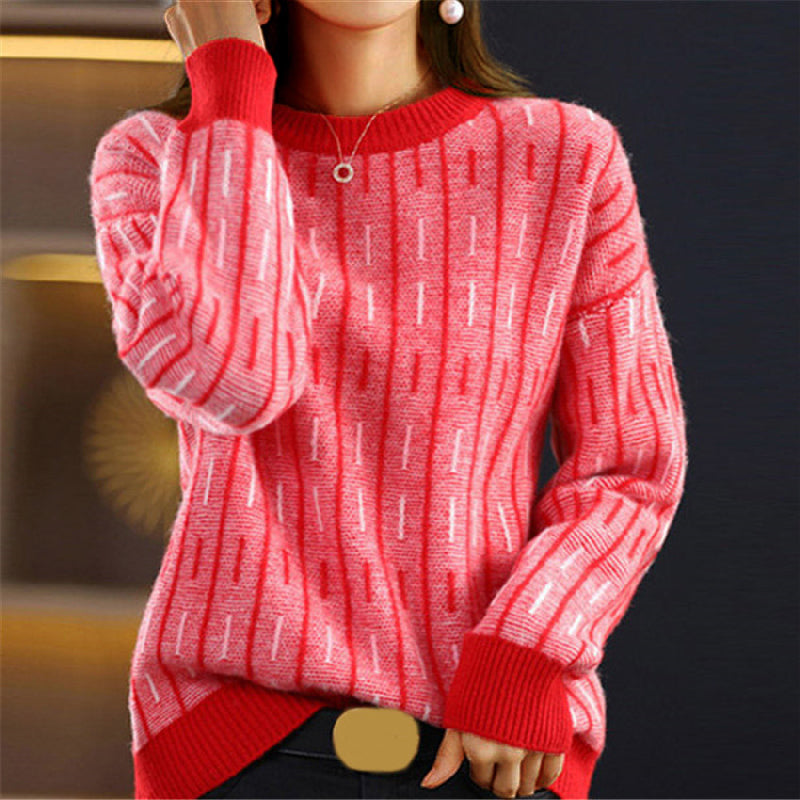 Aiza Women’s Sweater – Wool Blend with Geometric Knit in Relaxed Fit