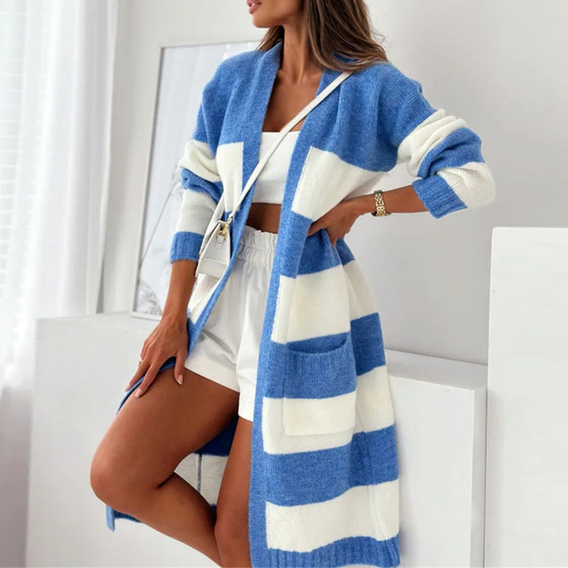 Maisie Women’s Cardigan – Soft Plush Knit with Striped Open-Front Design