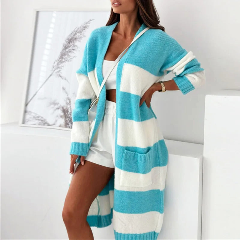 Maisie Women’s Cardigan – Soft Plush Knit with Striped Open-Front Design