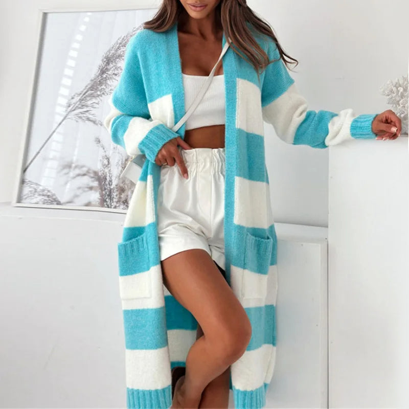 Maisie Women’s Cardigan – Soft Plush Knit with Striped Open-Front Design