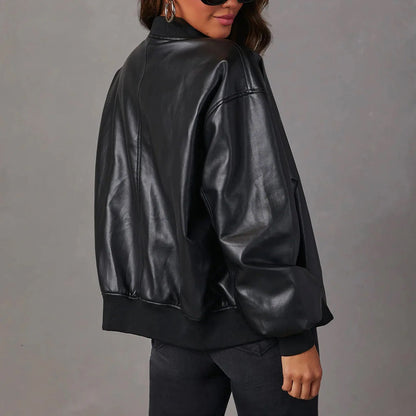 Isabella Women’s Leather Jacket – PU Leather with Band Collar & Casual Fit