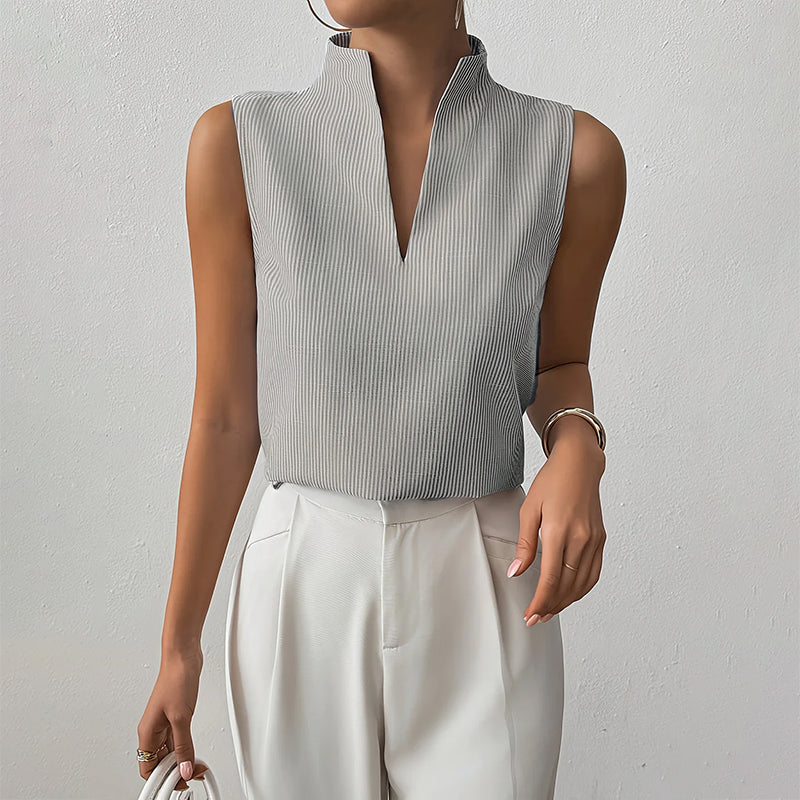 Sienna Striped V-Neck Sleeveless Blouse – Textured Pinstripe Cotton Blend Summer Top