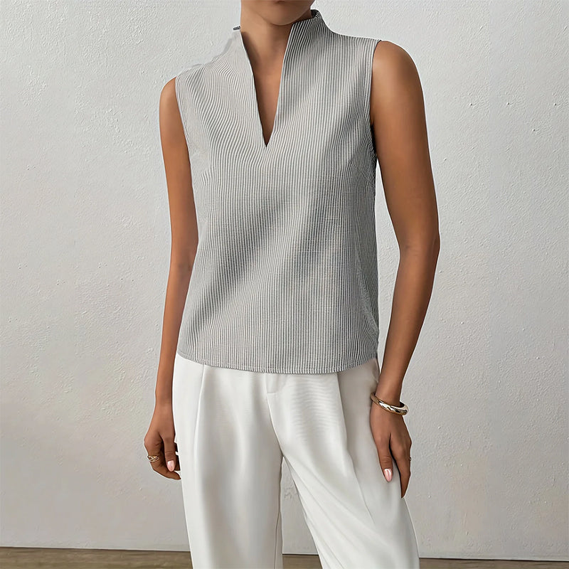 Sienna Striped V-Neck Sleeveless Blouse – Textured Pinstripe Cotton Blend Summer Top