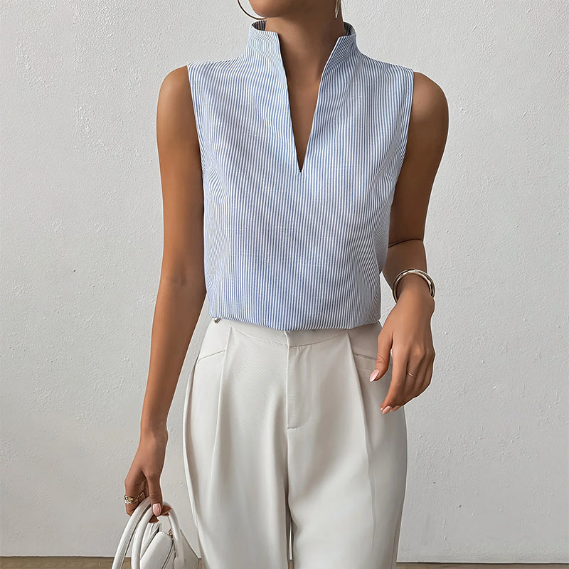 Sienna Striped V-Neck Sleeveless Blouse – Textured Pinstripe Cotton Blend Summer Top