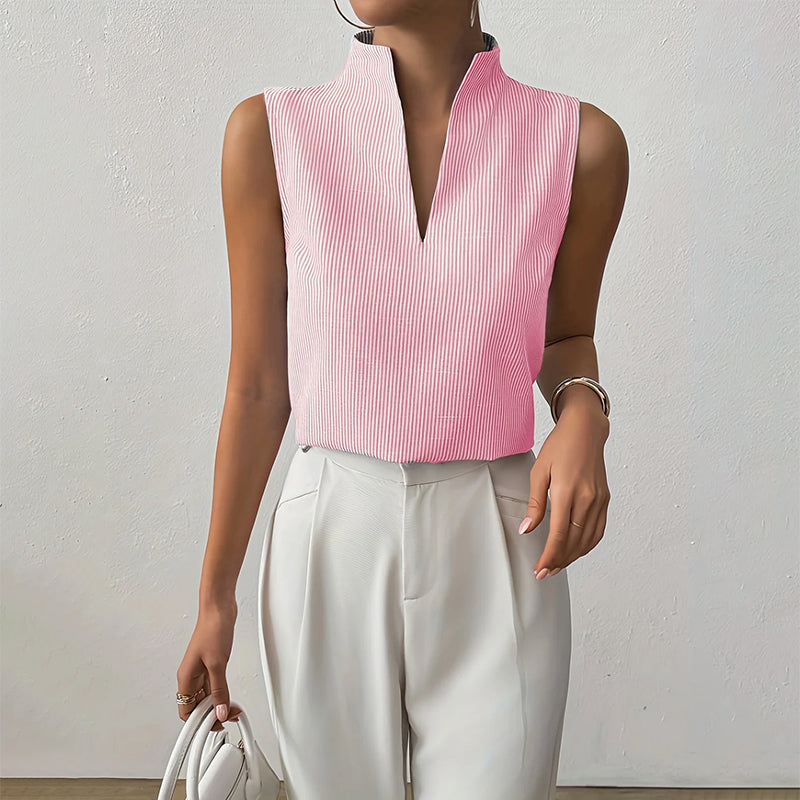 Sienna Striped V-Neck Sleeveless Blouse – Textured Pinstripe Cotton Blend Summer Top