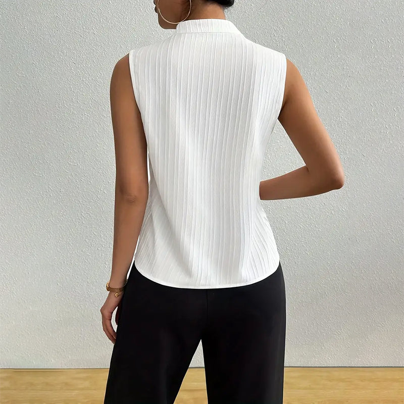 Sienna Striped V-Neck Sleeveless Blouse – Textured Pinstripe Cotton Blend Summer Top