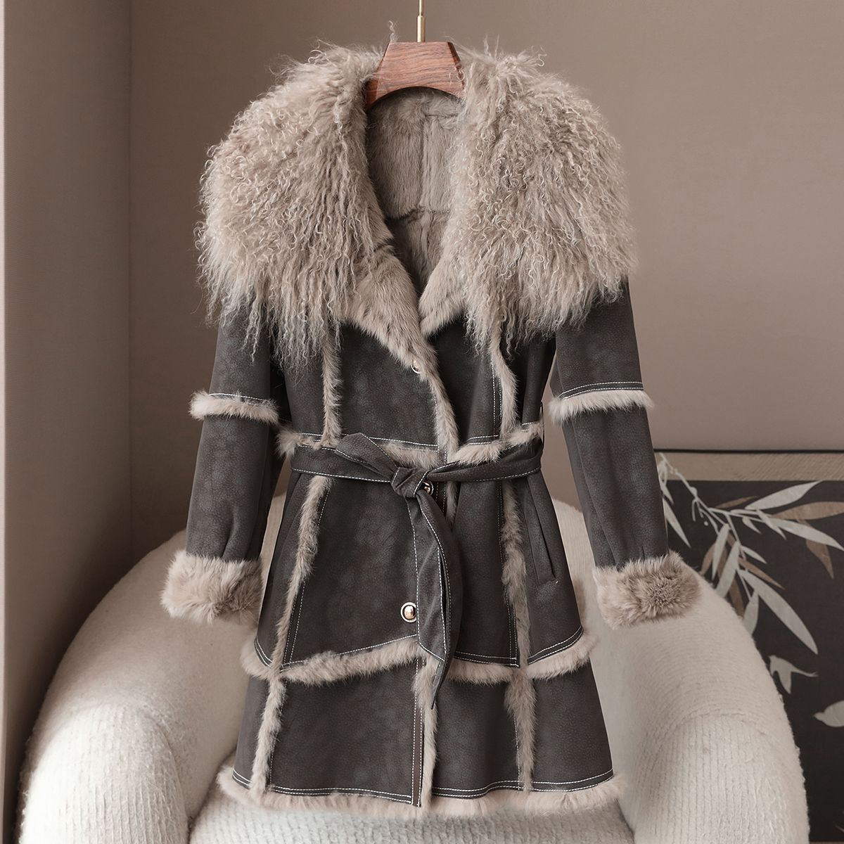 Eve Women’s Wool Coat – Rabbit Fur Collar Belted Coats