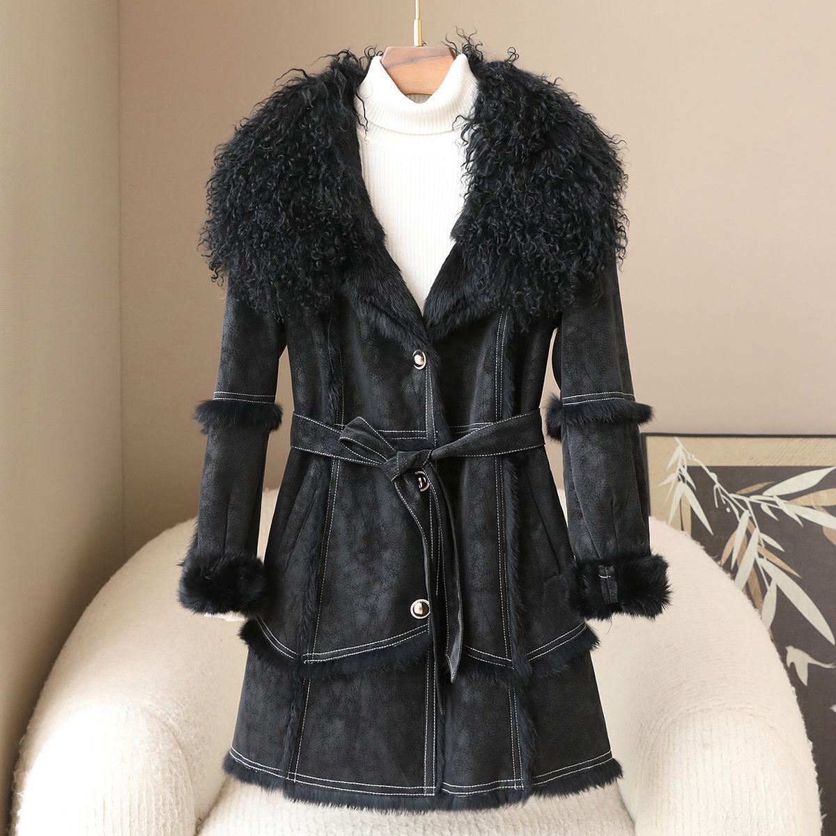 Eve Women’s Wool Coat – Rabbit Fur Collar Belted Coats