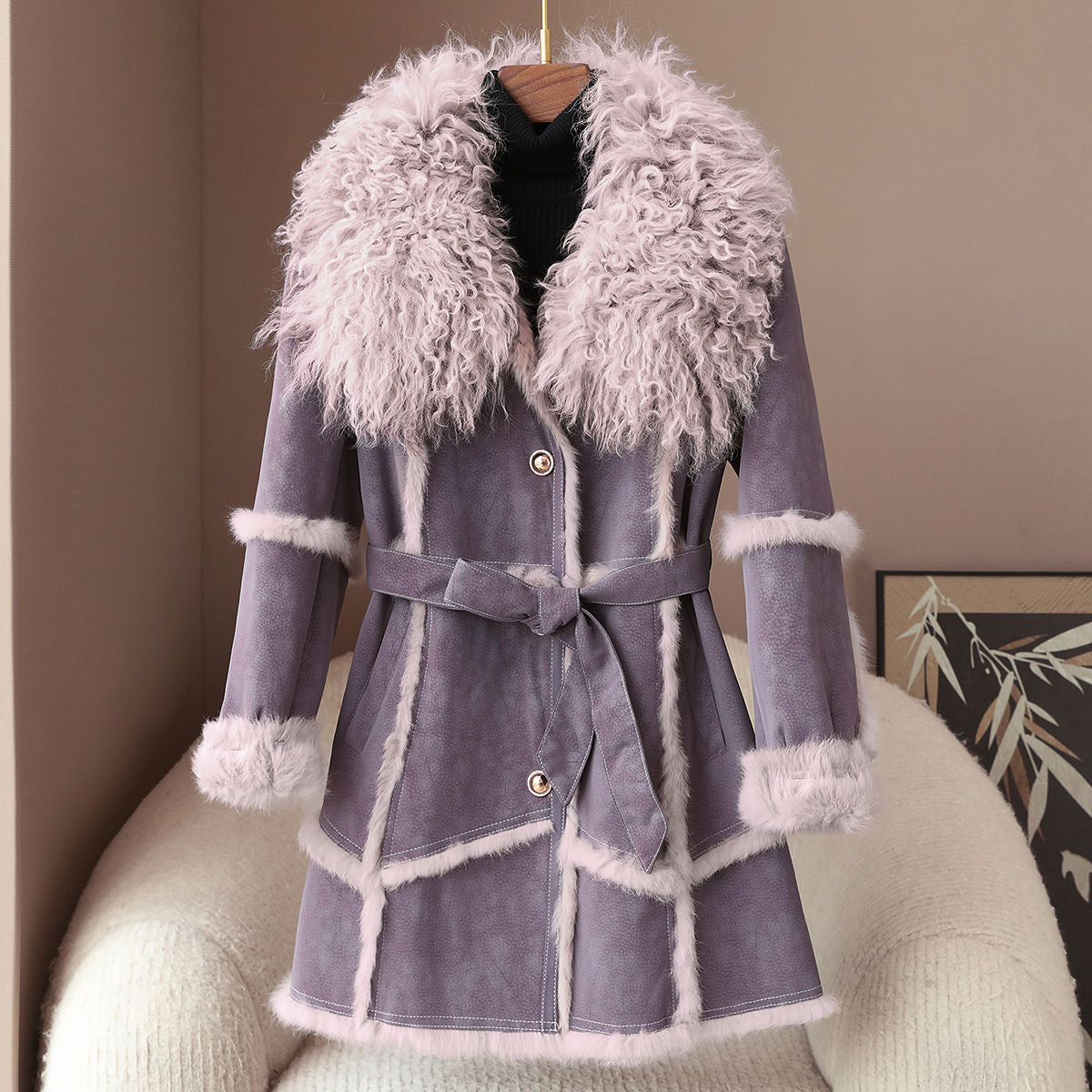 Eve Women’s Wool Coat – Rabbit Fur Collar Belted Coats