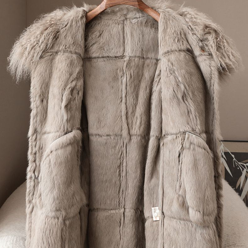 Eve Women’s Wool Coat – Rabbit Fur Collar Belted Coats