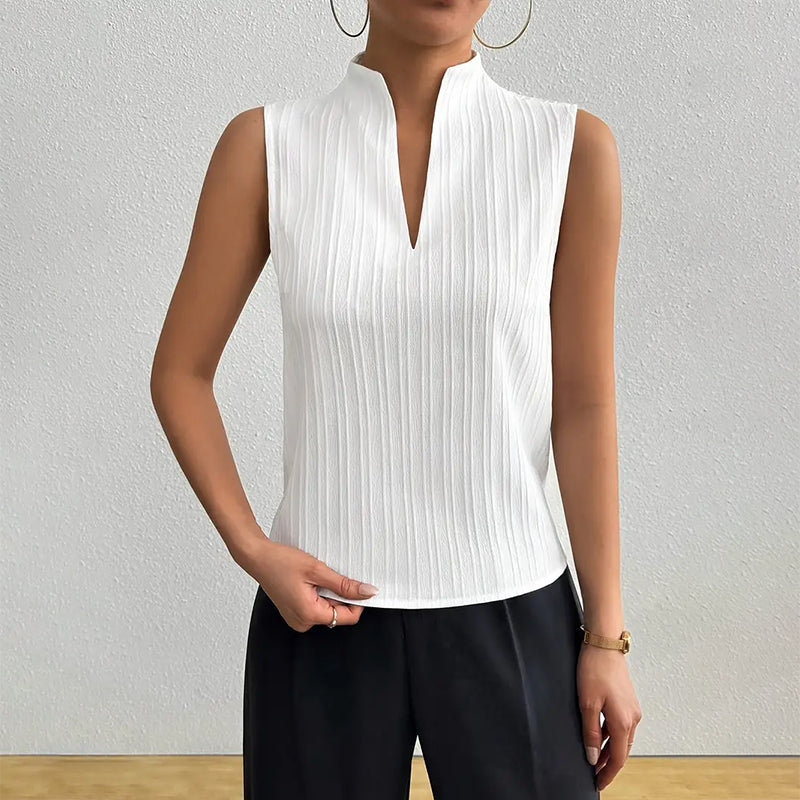 Sienna Striped V-Neck Sleeveless Blouse – Textured Pinstripe Cotton Blend Summer Top
