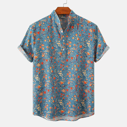 Matthew Men’s Short Sleeve Linen Shirt – Floral Print with Mandarin Collar