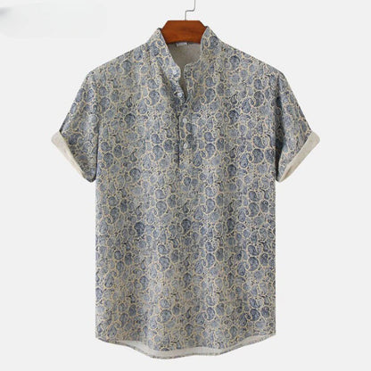 Matthew Men’s Short Sleeve Linen Shirt – Floral Print with Mandarin Collar