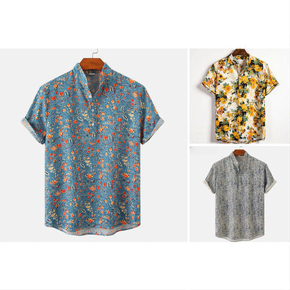 Matthew Men’s Short Sleeve Linen Shirt – Floral Print with Mandarin Collar