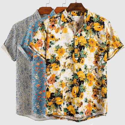 Matthew Men’s Short Sleeve Linen Shirt – Floral Print with Mandarin Collar