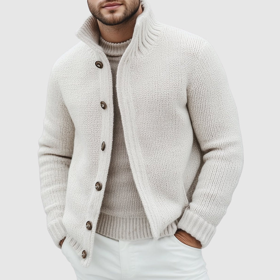 Lucio Stand Collar Men’s Cardigan – Soft Knit with Button Front Closure