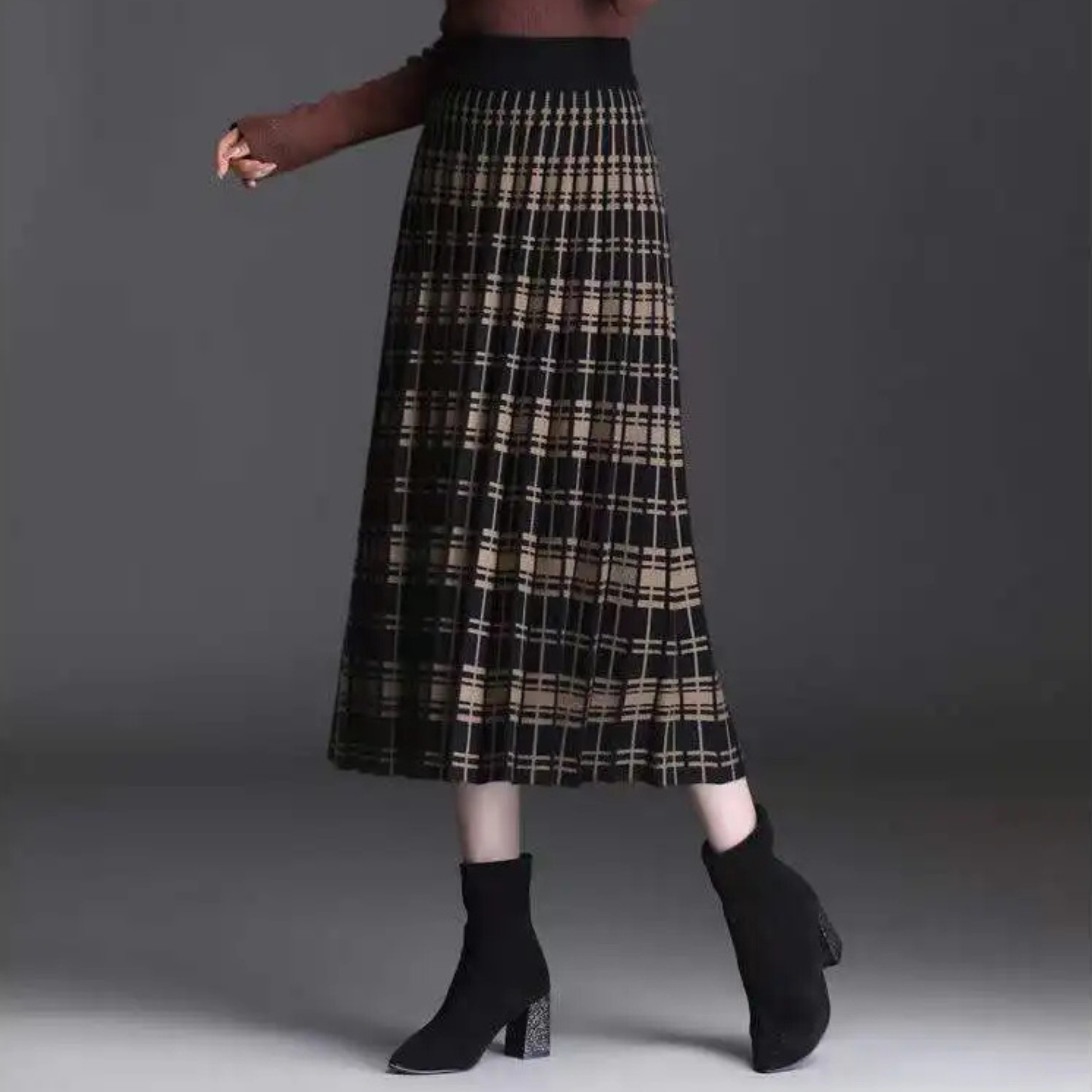 Molina Women's Pleated Midi Skirt – Stretch-Knit Cotton Blend with High-Rise Waistband