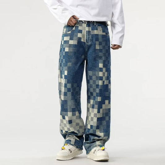 Brion Men’s Wide Leg Trousers – Premium Cotton with Pixelated Checkerboard Print