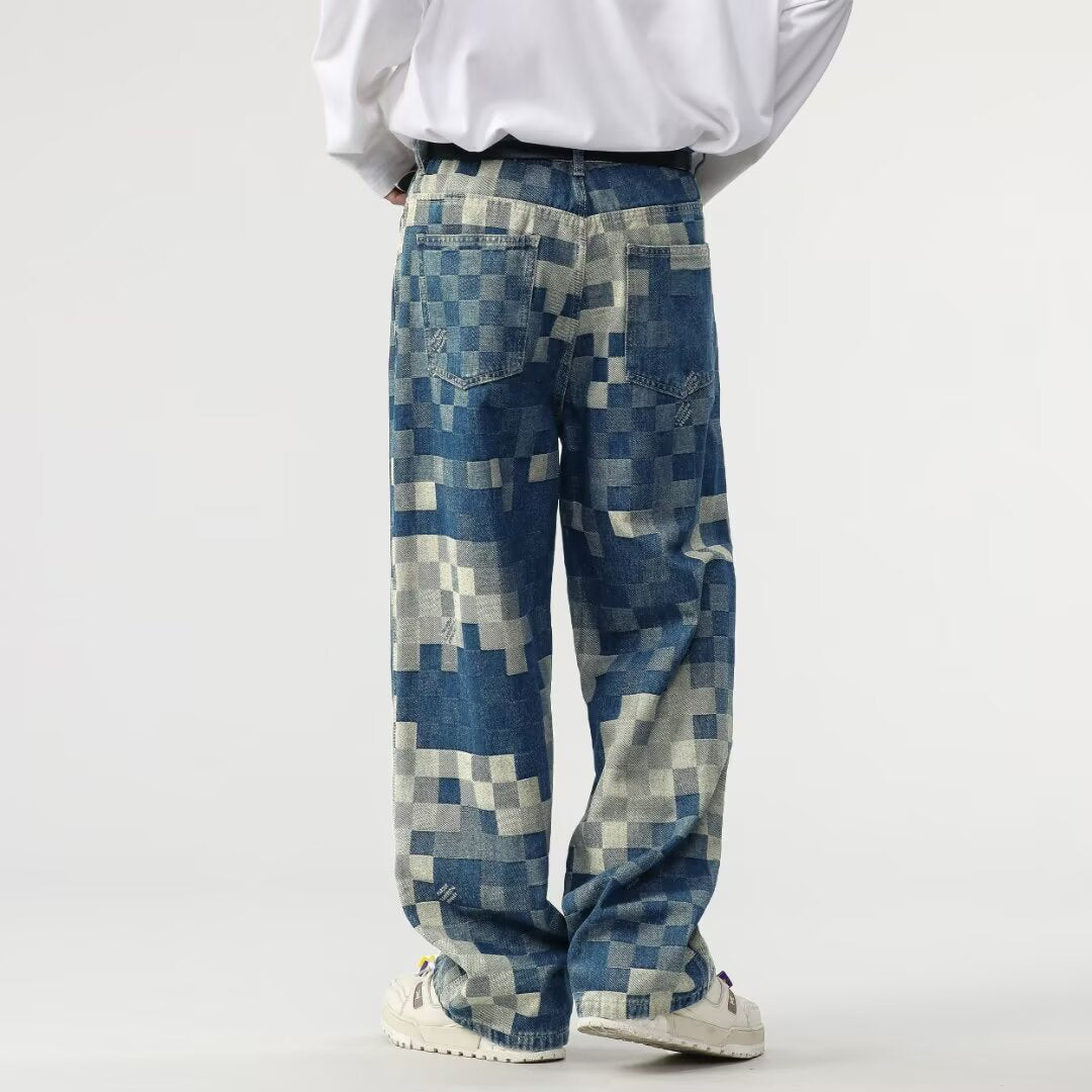 Brion Men’s Wide Leg Trousers – Premium Cotton with Pixelated Checkerboard Print