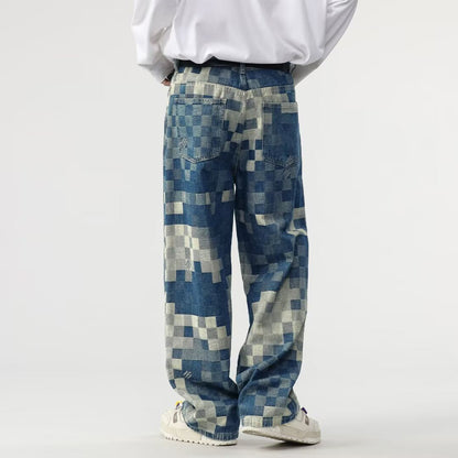 Brion Men’s Wide Leg Trousers – Premium Cotton with Pixelated Checkerboard Print