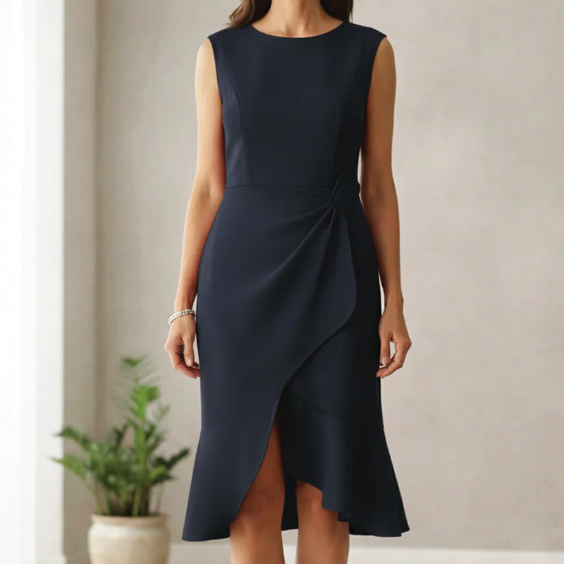 Mona Wrap Front Draped Midi Dress –  Smooth Stretch Cocktail Dress