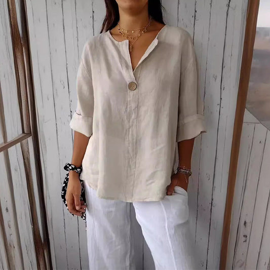 Vivian Linen Blouse – Lightweight Relaxed Fit with Single Button Detail