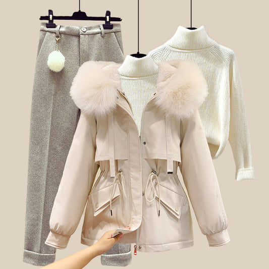 Casie Women's Winter Set – Plush Faux Fur Hooded Jacket & Knitted Turtleneck Pants