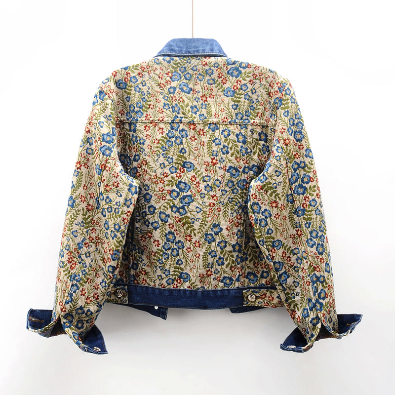 Gian Women’s Denim Jacket – Floral Jacquard Lightweight Cropped Jacket
