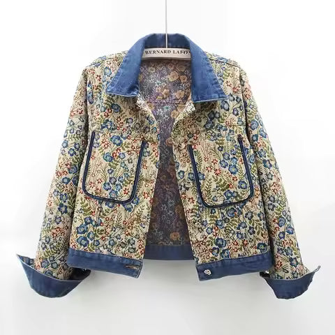Gian Women’s Denim Jacket – Floral Jacquard Lightweight Cropped Jacket