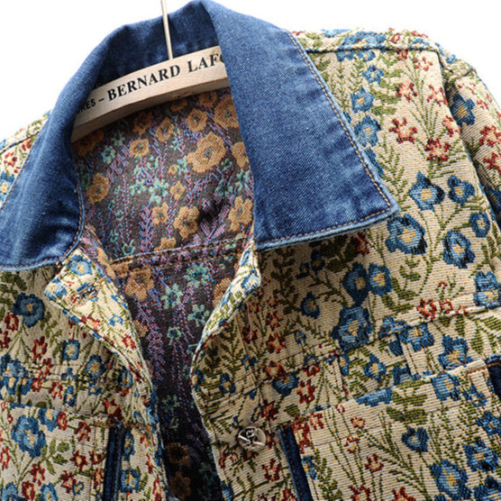 Gian Women’s Denim Jacket – Floral Jacquard Lightweight Cropped Jacket