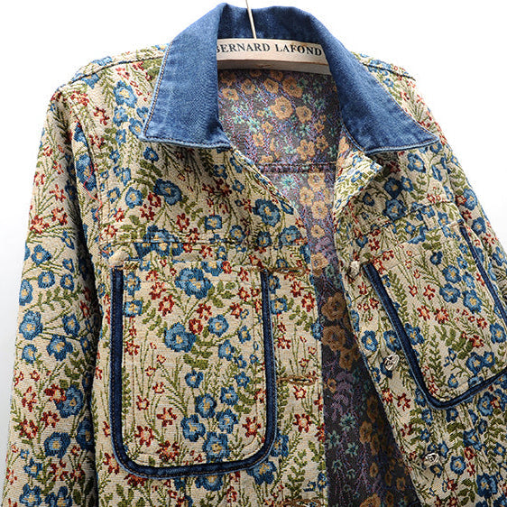 Gian Women’s Denim Jacket – Floral Jacquard Lightweight Cropped Jacket