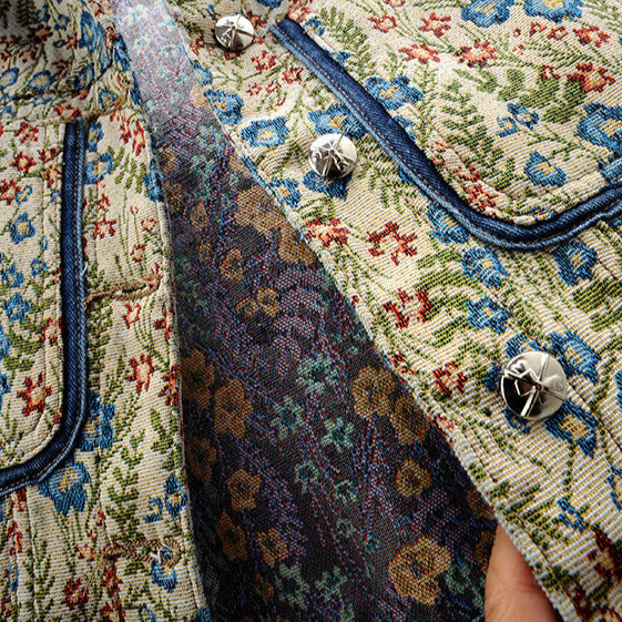 Gian Women’s Denim Jacket – Floral Jacquard Lightweight Cropped Jacket