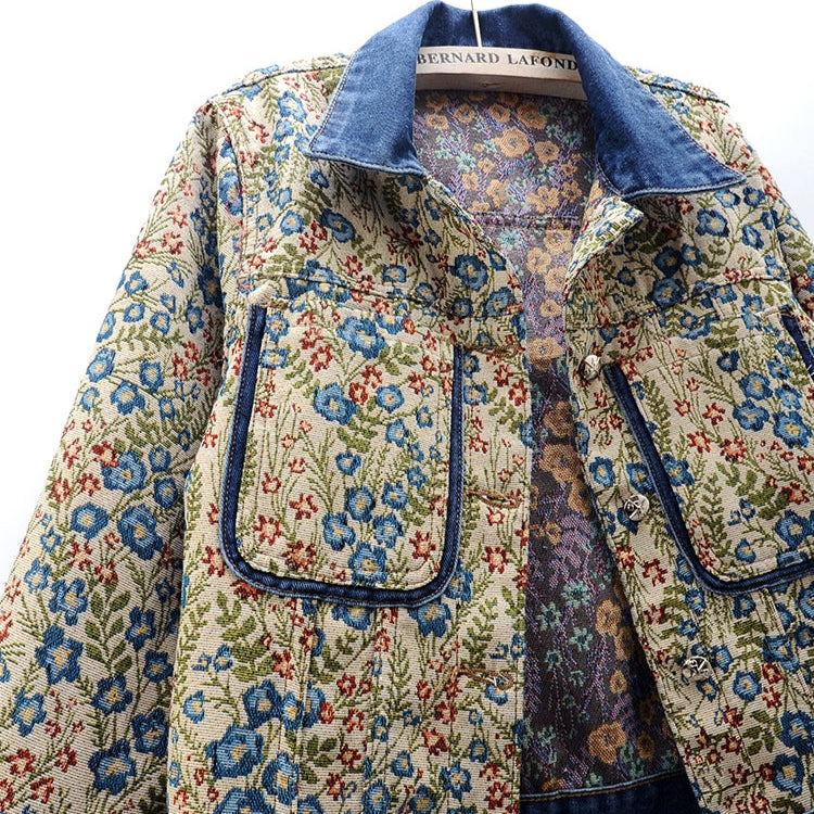 Gian Women’s Denim Jacket – Floral Jacquard Lightweight Cropped Jacket