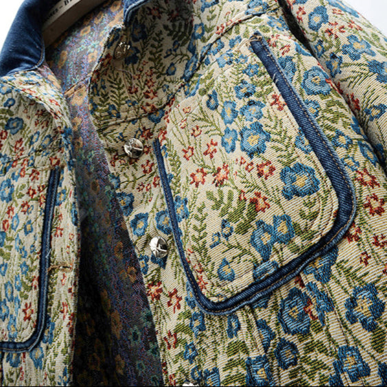 Gian Women’s Denim Jacket – Floral Jacquard Lightweight Cropped Jacket