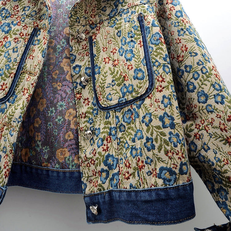 Gian Women’s Denim Jacket – Floral Jacquard Lightweight Cropped Jacket