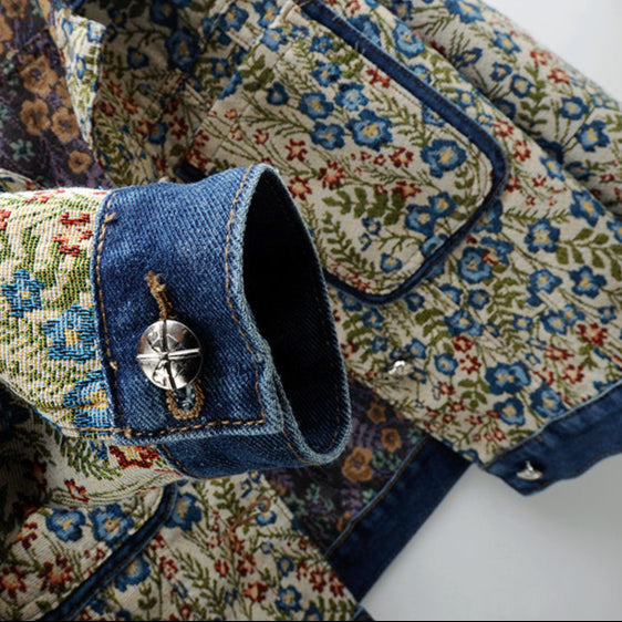 Gian Women’s Denim Jacket – Floral Jacquard Lightweight Cropped Jacket