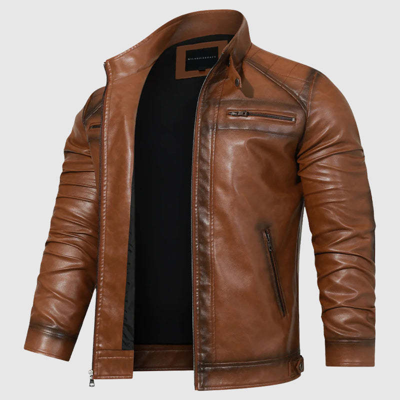 Niko Men’s Slim Fit Leather Jacket – Vintage Brown PU Biker Style with Stand Collar