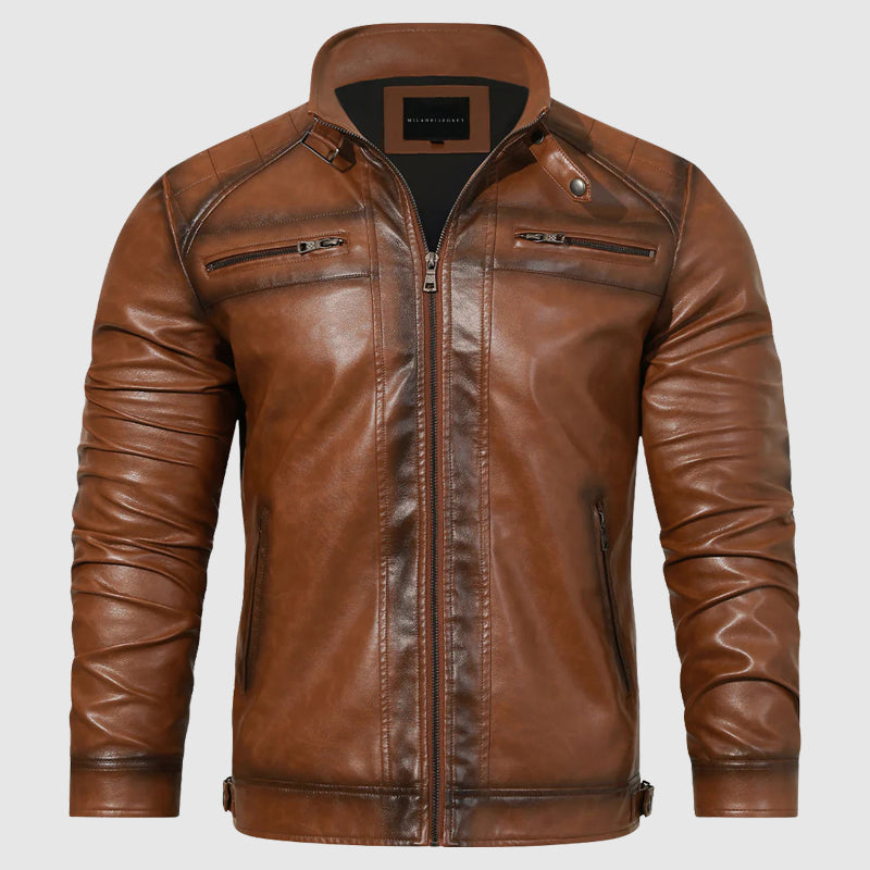 Niko Men’s Slim Fit Leather Jacket – Vintage Brown PU Biker Style with Stand Collar